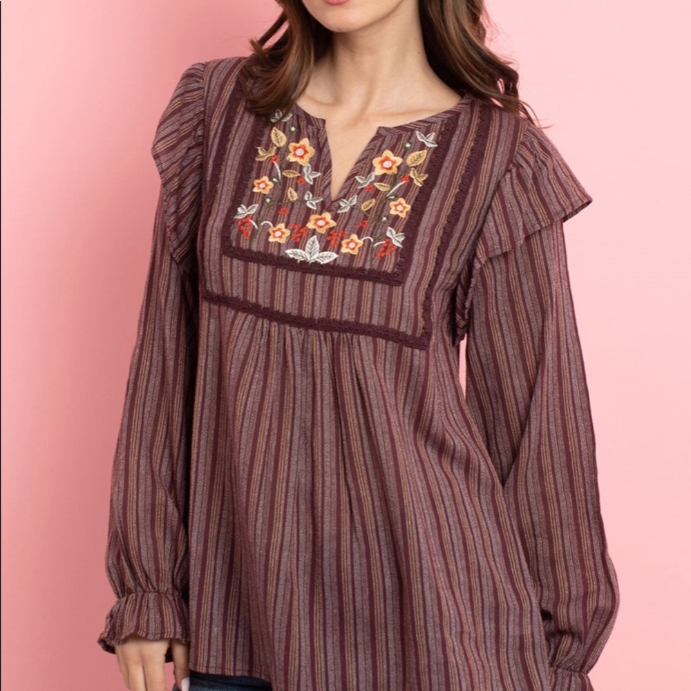 Long Sleeve Brown Linen Floral Print Cotton Top Shirt Women Size S M L